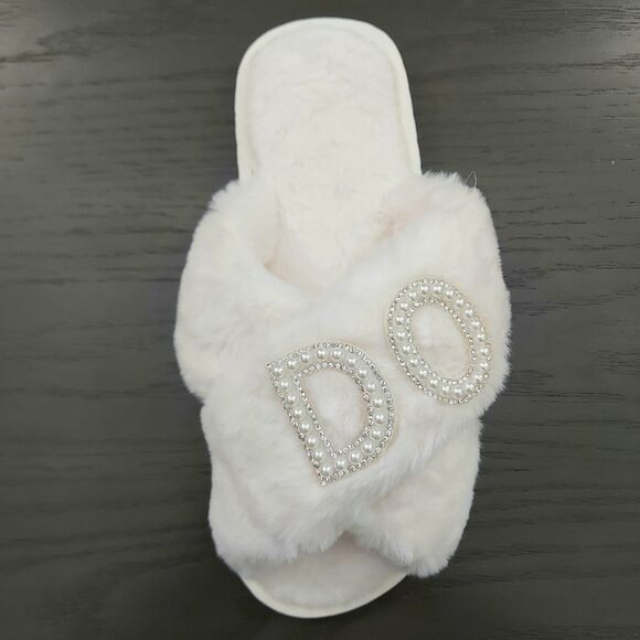 Wedding I Do Bride Slippers Size 40-41 Ivory Slip On Fluffy Wedding Anniversary - Picture 3 of 12